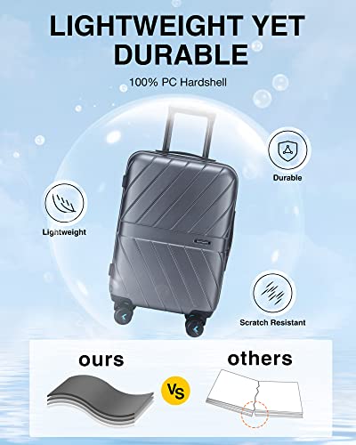 BAGSMART Carry On Luggage 22x14x9 Airline Approved, 1OO% PC Lightweight Carry On Hardside Suitcase, 20 Inch Hard Shell Luggage with Spinner Wheels, Waterproof Rolling Suitcase, Silver Gray