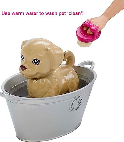 Barbie Play 'N Wash Pets Doll & Playset with 3 Color-Change Animals & 10 Accessories, Blonde Doll with Blue Eyes