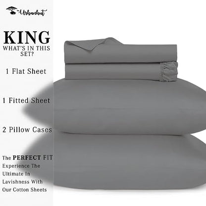 URBANHUT 100% Cotton King Sheets Set (4Pc), 700 Thread Count, Soft Luxury Bed Sheets for King Size Bed, Sateen Weave Hotel Sheets, 16'' Elasticized Deep Pocket - Dark Grey