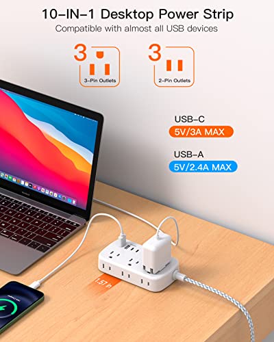 Flat Extension Cord, 5FT Flat Plug Power Strip with USB C, 6 Outlets 4 USB Ports (2 USB C) Slim Desk Charging Station, Power Strip with No Surge Protector for Cruise Ship, Dorm Room Travel Essentials