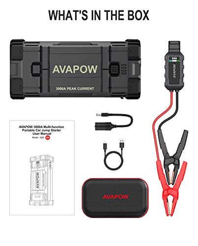 AVAPOW Car Battery Jump Starter 3000A Peak, Jumpstart with Force Start Function, Portable Starters for Up to 8L Gas 8L Diesel Engine with Booster Function,12V Lithium Jump Charger Pack Box