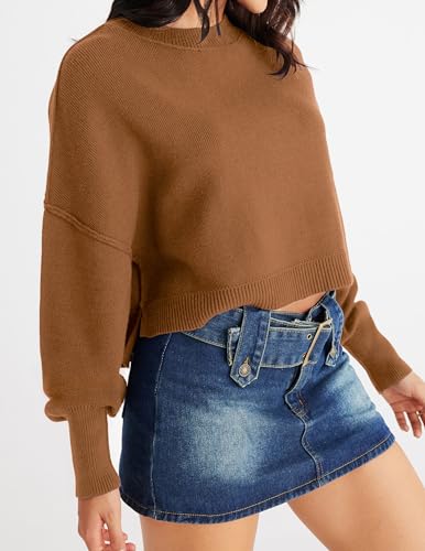 MEROKEETY Womens Cropped Sweaters Causal Crewneck Batwing Sleeve Knit Top Side Split Oversized Pullover Sweater Jumper Brown Large