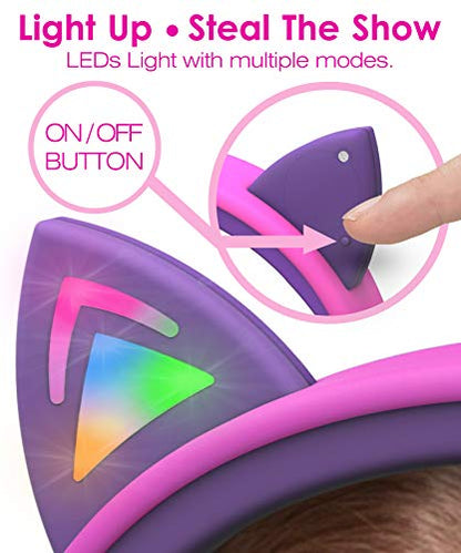 FosPower Kids Headphones with LED Cat Ears, 3.5mm On-Ear Wired Headset with Laced Cables for iPad/Smartphones/PC/Kindle/Tablet/Laptop/School (Max Volume 85dB) - Hot Pink/Purple
