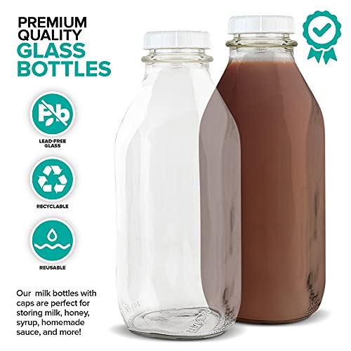 Stock Your Home Liter Glass Milk Bottle with Lid (1 Pack) 32 Oz Jugs and 3 White Caps, Reusable Food Grade Milk Container for Refrigerator, Bottles for Juice, Oat or Plant Milks, Water, Honey