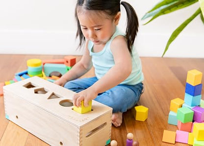 LOVEVERY | The Block Set | Solid Wood Building Blocks and Shapes + Wooden Storage Box, 70 Pieces, 18 Colors, 20+ Activities, Toddler Block Set and Converts into a Pull Car, Ages 18 to 48+ Months