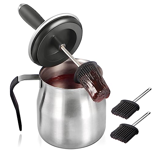 BBQ Basting Pot with 3 Basting Brushes Set,Airtight Stainless Steel Barbecue Sauce Pot,Silicone BBQ Brushes for Sauce,BBQ Grilling Gifts for Men Dad,BBQ Gadgets Grill Accessories,32oz Large Capacity