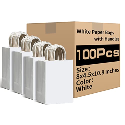 RACETOP White Paper Bags with Handles Bulk 8"x4.5"x10.8" 100Pcs Gift Bags Medium Size, White Gift Bags with Handles, Gift Bags Bulk, Retail Bags, Party Bags, Shopping Bags, Merchandise Bags