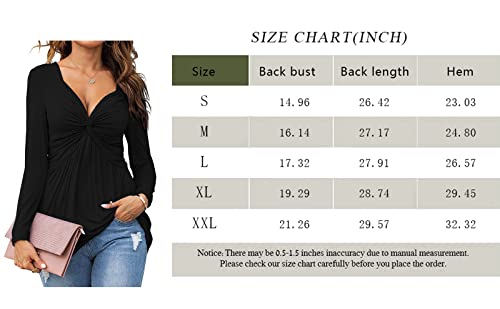 Tankaneo Womens V-Neck Front Knotted Blouse Shirt Long Sleeve Elegant Casual T-Shirt Solid Color Pullover Tops