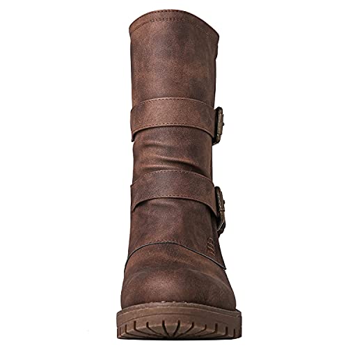 GLOBALWIN Women's Biker Boots Lace up Mid Calf Motorcycle Fashion Festival Boots Combat Riding Military Boots for Women Brown 8.5M