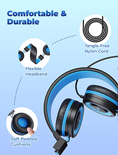 iClever HS14 Kids Headphones, Headphones for Kids with 94dB Volume Limited for Boys Girls, Adjustable Headband, Foldable, Child Headphones on Ear for Study Tablet Airplane School, Black, Blue