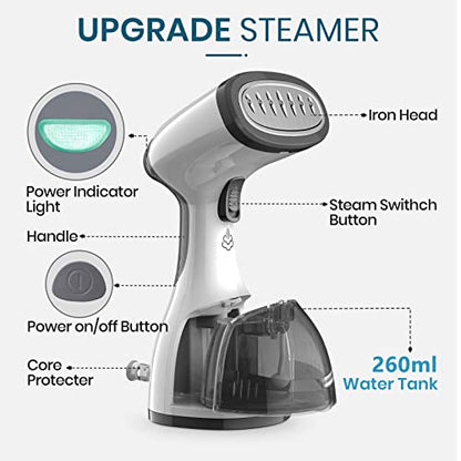 Steamer for Clothes, Kolohoso 1500W Fast Heat Up Handheld Garment Steamer, Portable Travel Clothing Fabric Steamer with Upgraded Nozzle and 260ml Water Tank