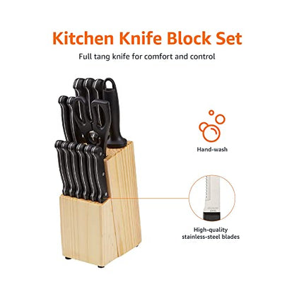 Amazon Basics 14-Piece Kitchen Knife Set with High-Carbon Stainless-Steel Blades and Pine Wood Block, Black