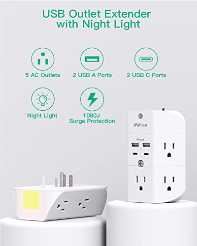 Surge Protector Outlet Extender - with Night Light, 5-Outlet Splitter and 4 USB Ports (2 USB C Charger), Multi Plug Outlet for Home, Dorm Room Essentials
