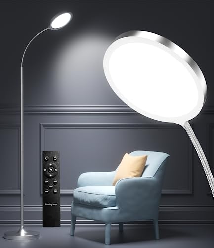 Silver Floor Lamp,Super Bright Dimmable LED Floor Lamps for Living Room, Custom Color Temperature Standing Lamp with Remote Push Button, Adjustable Gooseneck Reading Floor Lamp for Bedroom Office