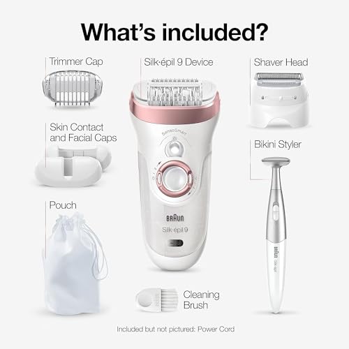 Braun Silk-épil 9 9-890, Facial Hair Removal for Women, Hair Removal Device, Bikini Trimmer, Womens Shaver Wet & Dry, Cordless and 7 extras