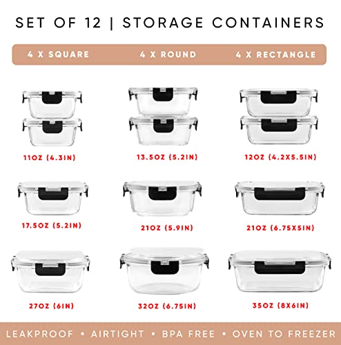 JoyJolt JoyFul 24pc Borosilicate Glass Storage Containers with Lids. 12 Airtight, Freezer Safe Food Storage Containers, Pantry Kitchen Storage Containers, Glass Meal Prep Container for Lunch