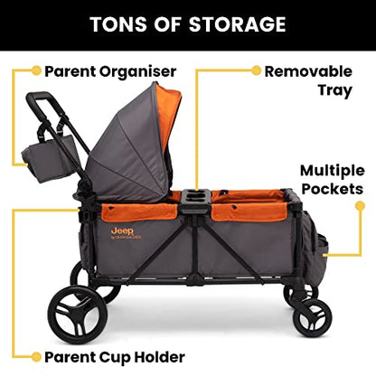 Jeep Sport All-Terrain Stroller Wagon by Delta Children - Includes Canopy, Parent Organizer, Adjustable Handlebar, Snack Tray & Cup Holders, Grey/Bonfire