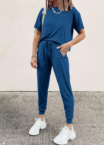 PRETTYGARDEN Women's Two Piece Outfit Short Sleeve Pullover with Drawstring Long Pants Tracksuit Jogger Set (Dark Blue,XX-Large)