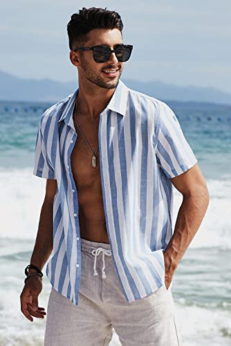 JMIERR Men's Summer Casual Stylish Short Sleeve Button-Up Shirts Cotton Linen Vertical Striped Business Dress Shirts Beach Cruise Shirt Resort Wear Old Money Aesthetic Clothes, US 43(L), Sky Blue