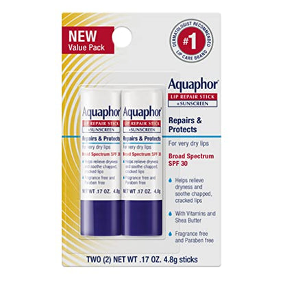 Aquaphor Lip Repair, Moisturizing Lip Balm Multipack (2 Repair sticks + 2 Repair & Protect SPF 30 sticks)