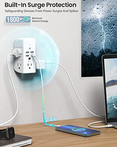 Mifaso Wall Outlet Extender with Shelf and Night Light,Surge Protector, Wall Charger with 5 USB Outlets and 3 USB Ports 1 USB C Outlet Wide Space 3-Sided Power Strip Multi Plug Outlets…