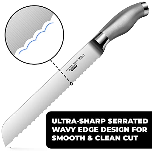 Orblue Serrated Bread Knife with Upgraded Stainless Steel Razor Sharp Wavy Edge Width - Bread Cutter Ideal for Slicing Homemade Bread, Bagels, Cake (8-Inch Blade with 5-Inch Handle)