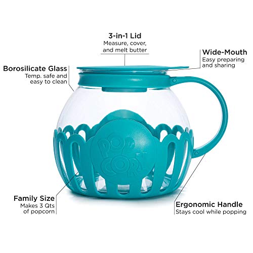 Ecolution Patented Micro-Pop Microwave Popcorn Popper with Temperature Safe Glass, 3-in-1 Lid Measures Kernels and Melts Butter, Made Without BPA, Dishwasher Safe, 3-Quart, Teal