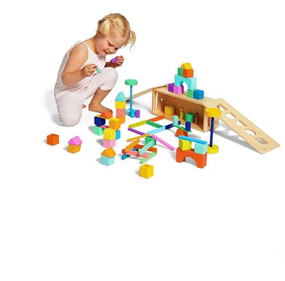 LOVEVERY | The Block Set | Solid Wood Building Blocks and Shapes + Wooden Storage Box, 70 Pieces, 18 Colors, 20+ Activities, Toddler Block Set and Converts into a Pull Car, Ages 18 to 48+ Months