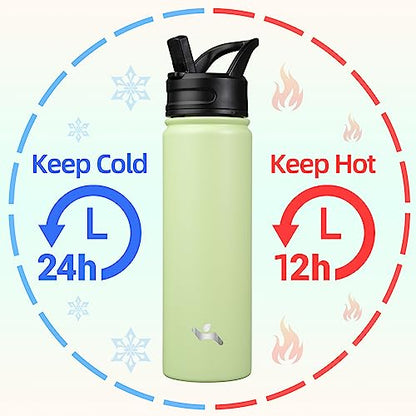 Konokyo Insulated Water Bottle with Straw,22oz 3 Lids Metal Bottles Stainless Steel Water Flask,Macaron Green