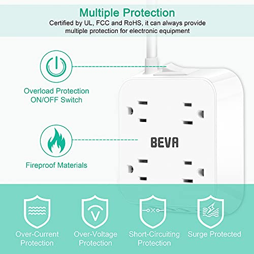 Power Strip with USB C, 4 Widely Spaced Outlets and 4 USB Ports 5 FT Extension Cord, BEVA Surge Protector Power Strip Mountable USB Power Strip 1250W/10A for College Essentials Dorm Room Essentials