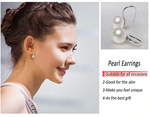 925 Sterling Silver Hoop Handpicked AAA+ Quality 7.5-8mm White Freshwater Cultured Pearl Dangle Drop Earrings Jewelry for Women Girls