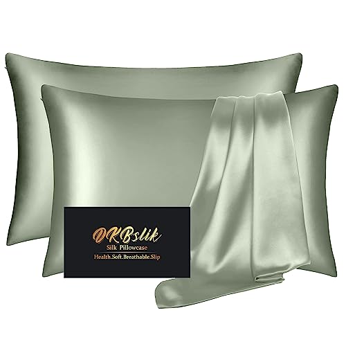 Silk Pillowcase 2 Pack, Natural Mulberry Silk Pillow Case, Anti Acne Silk Pillowcase for Hair and Skin, King Size Silk Satin Pillowcase Set of 2 with Hidden Zipper, Gifts for Women Men, Sage Green