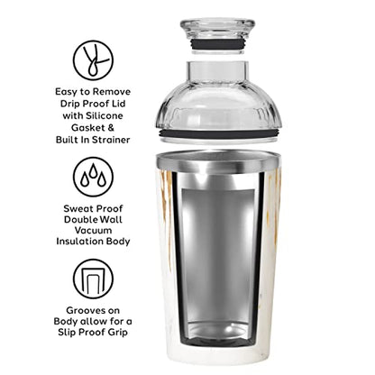 OGGI Groove Insulated Cocktail Shaker-17oz Double Wall Vacuum Insulated Stainless Steel Shaker, Tritan Lid has Built In Strainer, Ideal Cocktail Mixer, Martini Shaker, Margarita Shaker, Gold Marble