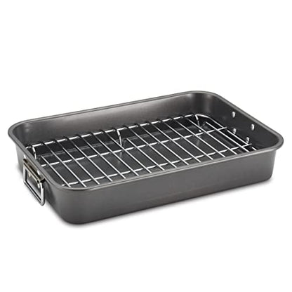 Farberware Bakeware Nonstick Steel Roaster with Flat Rack, 11-Inch x 15-Inch, Gray