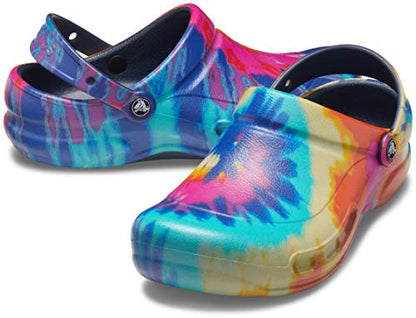 Crocs Unisex Adult Men's and Women's Bistro Clog | Slip Resistant Work Shoes, Tie Dye/Navy, 14 Women/12 Men