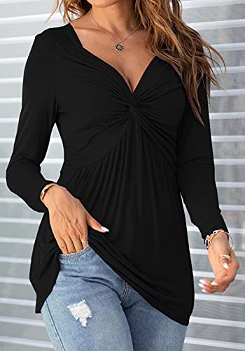 Tankaneo Womens V-Neck Front Knotted Blouse Shirt Long Sleeve Elegant Casual T-Shirt Solid Color Pullover Tops