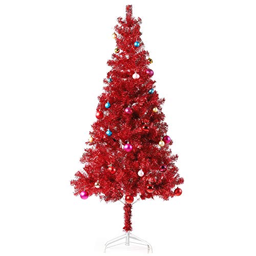 Wellwood 6 ft Tinsel Christmas Tree with 24ct Assorted Ornament Set, Metal Stand, Easy Assembly - Red