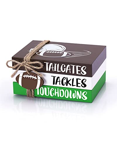 Xylolfsty Football Book Stack with Wooden Football Ornament Football Tiered Tray Decor Tailgates Tackles Touchdowns Decorative Wood Books Collections for Boys Room Shelf Table Fall Home Decorations