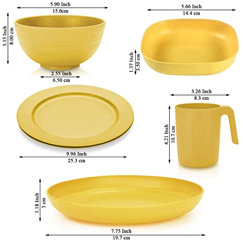 Kyraton Plastic Dinnerware Sets of 20 Pieces, Unbreakable And Reusable Light Weight Plates Mugs Bowls Dishes Easy to Carry And Clean Microwave Safe BPA Free Dishwasher Safe Service For 4 (Gold Yellow)