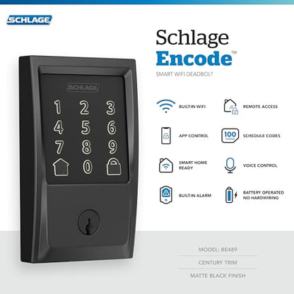 Schlage Encode Smart Wi-Fi Deadbolt with Century Trim in Matte Black