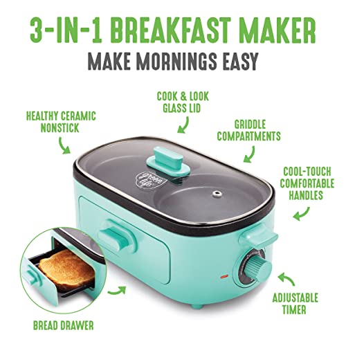 GreenLife 3-in-1 Breakfast Maker Station, Healthy Ceramic Nonstick Dual Griddles for Eggs Meat and Pancakes, 2 Slice Toast Drawer, Easy-to-use Timer, Turquoise