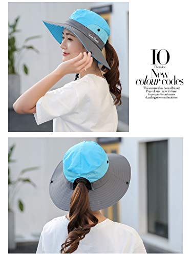 Womens Summer Sun-Hat Outdoor UV Protection Fishing Hat Wide Brim Foldable-Beach-Bucket-Hat with Ponytail-Hole SkyBlue