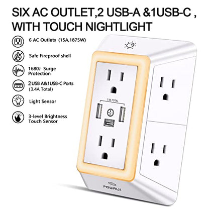 Surge Protector USB Outlet Extender - POWRUI Multi Plug with 6 Outlet Splitter and 3 USB Charging Ports and Night Light,3-Sided Power Strip with Adapter Spaced Outlets - White,ETL