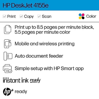 HP DeskJet 4155e Wireless Color Inkjet Printer, Print, scan, copy, Easy setup, Mobile printing, Best-for home, Instant Ink with HP+,white