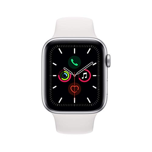 Apple Watch Series 5 (GPS, 44MM) Silver Aluminum Case with White Sport Band (Renewed)