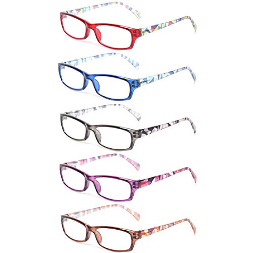 Reading Glasses 5 Pairs Fashion Ladies Readers Spring Hinge with Pattern Print Eyeglasses for Women (5 Pack Mix Color, 1.75)