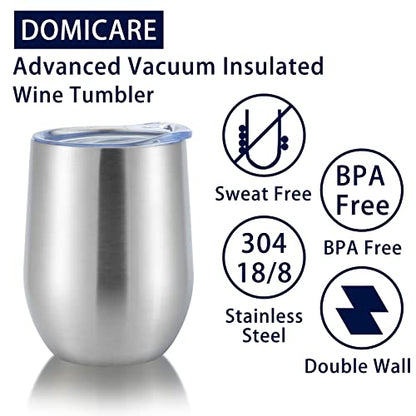 DOMICARE Stainless Steel Wine Tumbler Bulk with Lid, Personalized Insulated Tumblers Set, 12oz Travel Coffee Cups Pack of 1, Stainless steel