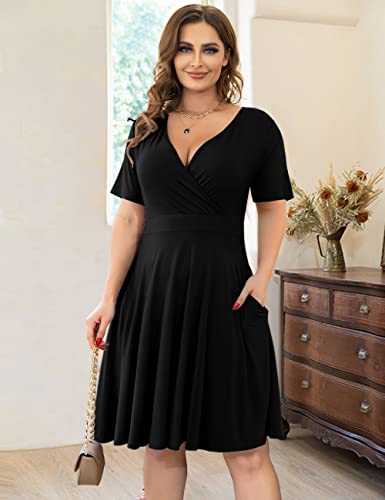 Ahlaray Womens Plus Size Summer Dresses Short Sleeve Causal Swing Faux Wrap Dress with Pockets, Black, 2XL