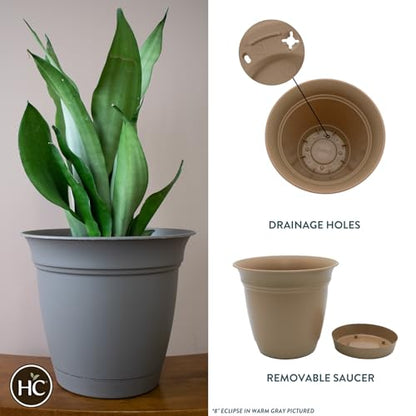 The HC Companies 6 Inch Eclipse Round Planter with Saucer - Indoor Outdoor Plant Pot for Flowers, Vegetables, and Herbs, Sandstone