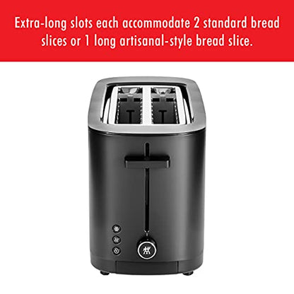 ZWILLING Enfinigy 2 Long Slot Toaster, 4 Slices with Extra Wide 1.5" Slots for Bagels, 7 Toast Settings, Even Toasting, Reheat, Cancel, Defrost, Black